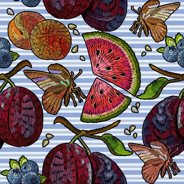 Modèle sans couture de fruit de broderie. Broderie pastèque — Image vectorielle