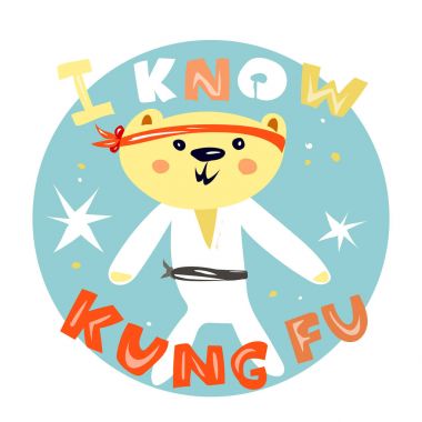 Sevimli ayı kung fu ana çocuk t-shirt tasarım, etiket. Spor çocuklar