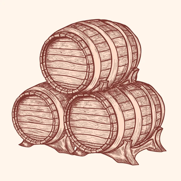 Velhos barris de madeira. Barril de armazenamento de vinho, cerveja, álcool —  Vetores de Stock