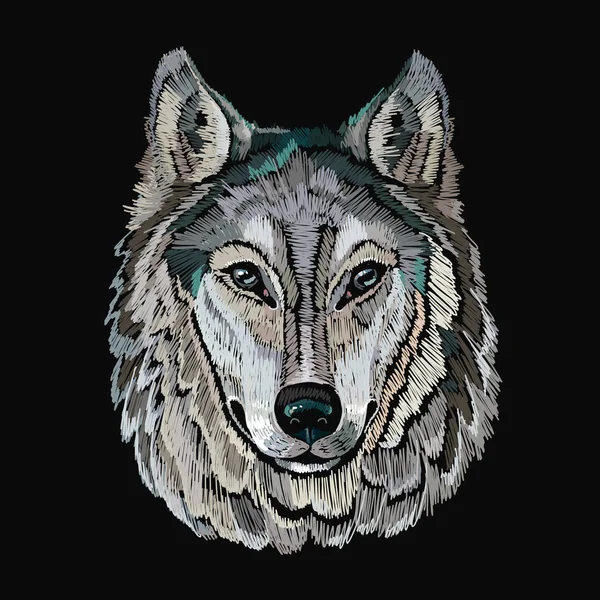 Borduurwerk wolf. Borduurwerk portret van grijze wolf vector — Stockvector