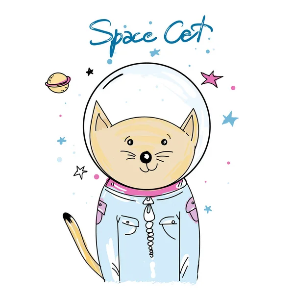 Astronauta gato. Espacio gato en universo divertido niños print, camiseta — Vector de stock