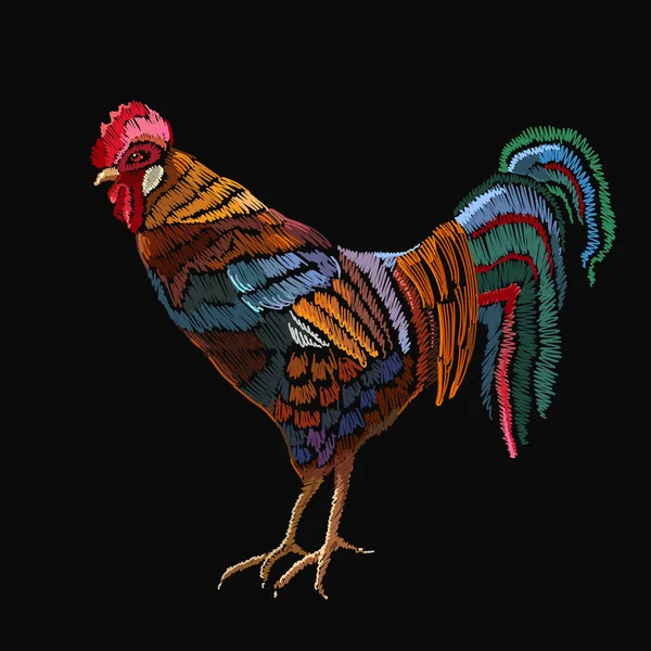 Ayam jago sulam. Embroidery ayam jantan yang indah - Stok Vektor