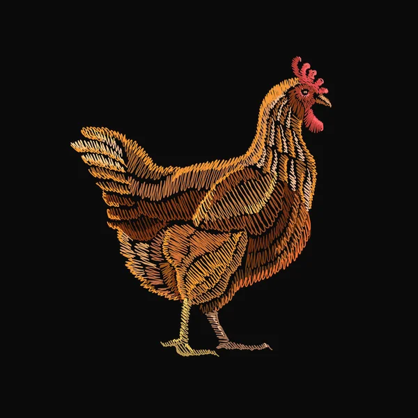 Pollo da ricamo. Ricamo disegnato a mano uccello pollo — Vettoriale Stock