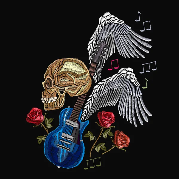 刺繍ロック音楽。頭蓋骨、ギター、翼 — ストックベクタ