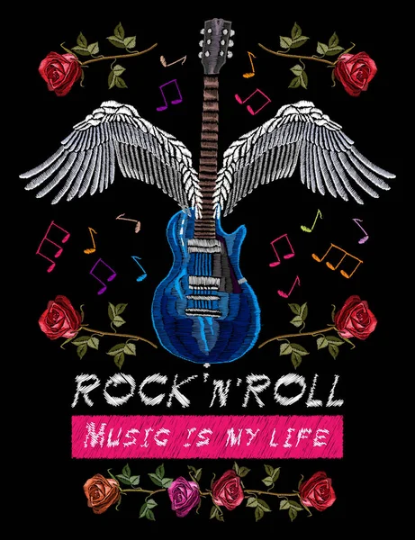 Embroidery guitar with wings and roses, rocknroll slogan — Stock Vector