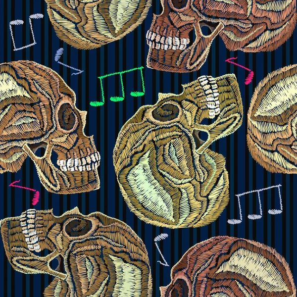 Bordado cráneo humano y música notas patrón sin costuras — Archivo Imágenes Vectoriales