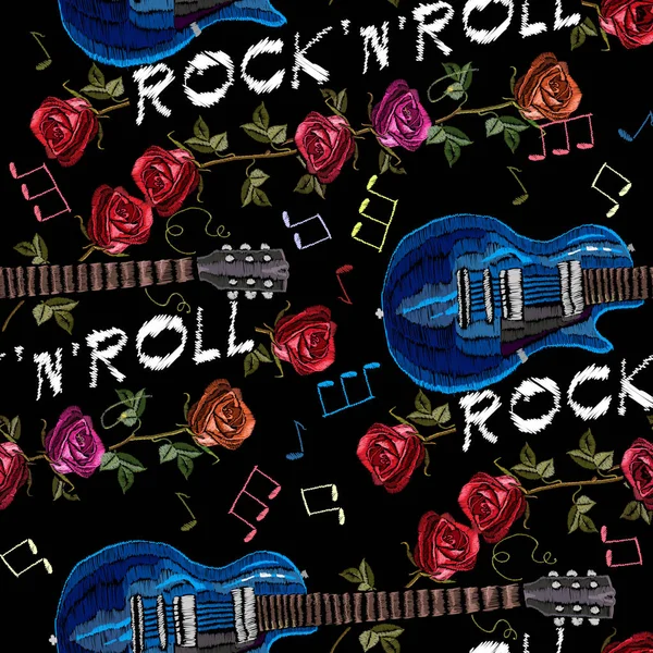 Embroidery music seamless pattern. Rock guitar and roses — Stock Vector