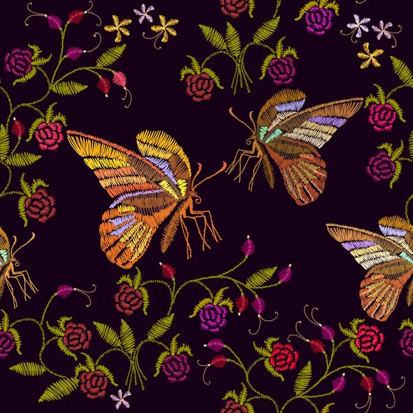 Бабочки и цветы вышивка бесшовный узор — стоковый вектор