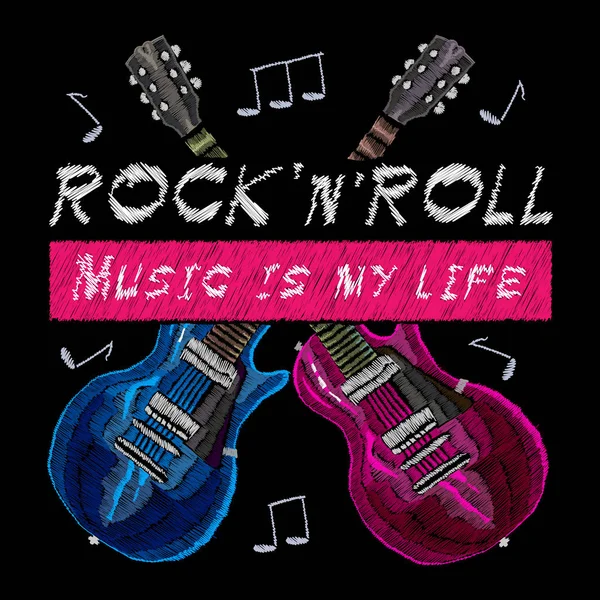 Embroidery rock music, crossed guitars, slogan rock music Stock Vector