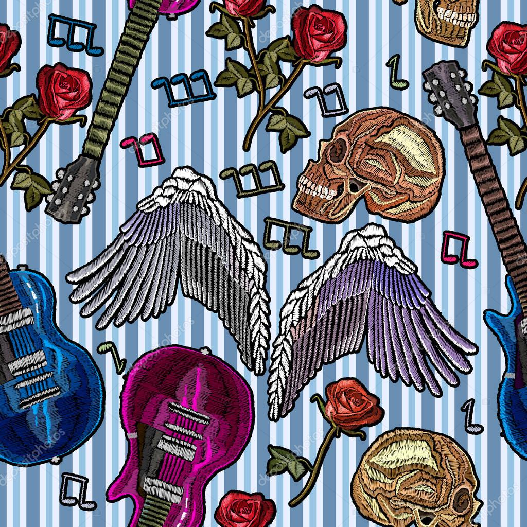 Embroidery music seamless pattern. Guitar, gothic roses