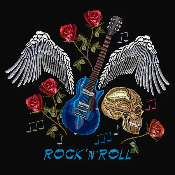 Rock n Roll hímzés, rock zene nyomtatási. Koponya, gitár, szárnyak — Stock Vector