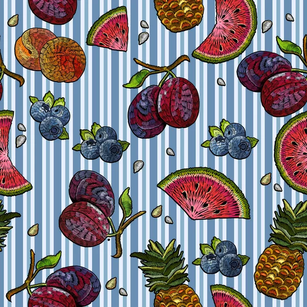 Borduurwerk fruit naadloze patroon. Borduurwerk watermeloen, pruimen — Stockvector