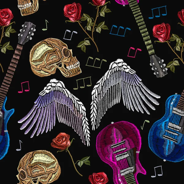 Broderie rock musique motif sans couture. Guitare, roses gothiques — Image vectorielle