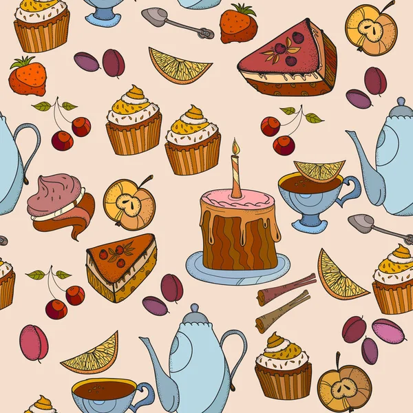 Tea and sweets, cupcakes seamless pattern. Tea party vintage
