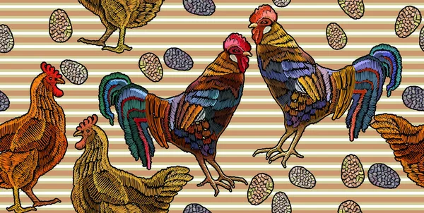 Embroidery ayam dan ayam pola mulus - Stok Vektor
