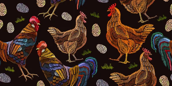 Ricamo pollo e gallo modello senza cuciture modello di moda — Vettoriale Stock