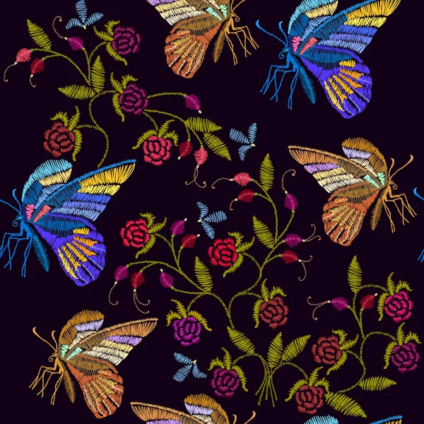 Вышивка тропические бабочки и цветы бесшовный узор — стоковый вектор