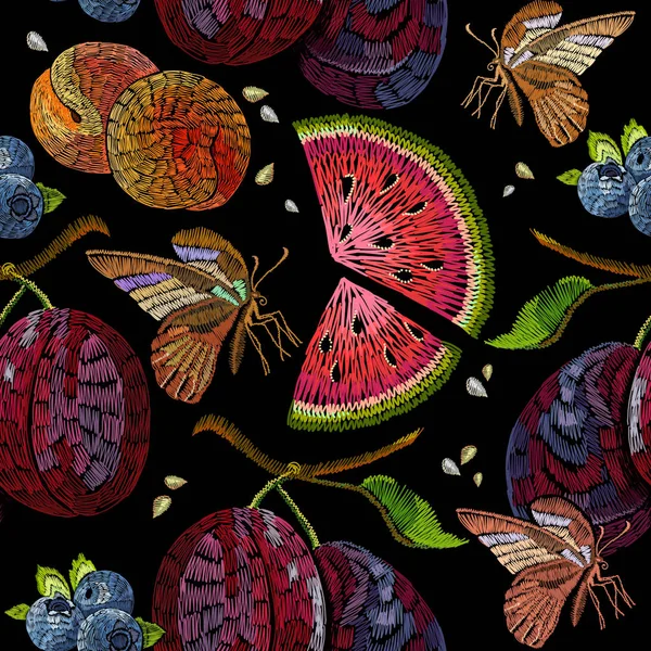 Patrón de bordado de frutas sin costura. Plantilla para ropa, textil — Archivo Imágenes Vectoriales