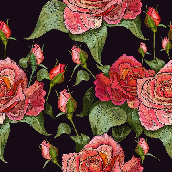 Stickerei rote Rosen Vektor nahtlose Muster — Stockvektor