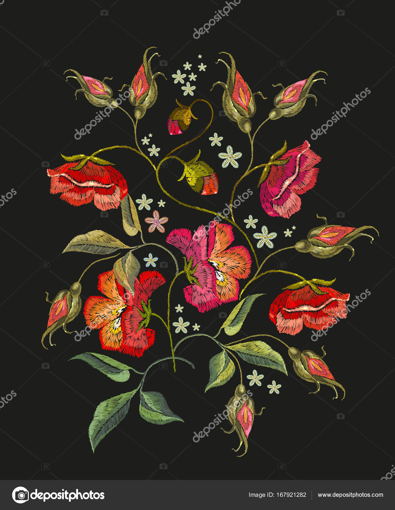 Disegno di ricamo rose fiori maglietta Belle rose rosse — Vettoriale Stock