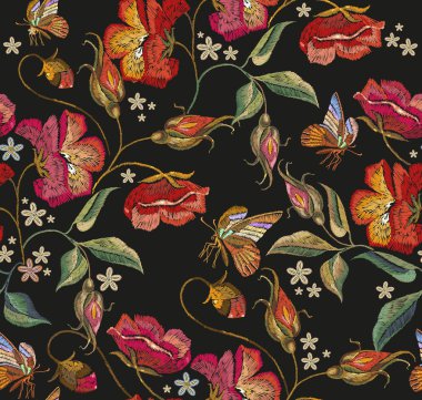 Nakış kelebek ve haşhaş seamless modeli