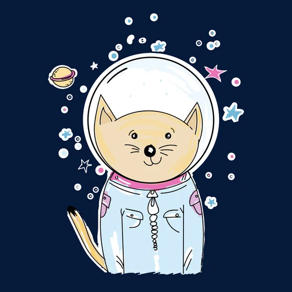 Astronauta gato espacial. Espacio gato en universo divertido niños imprimir — Vector de stock