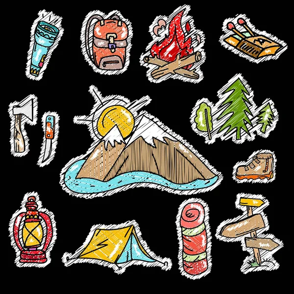 Embroidery camping stickers pop art style, tourism equipment — Stock Vector