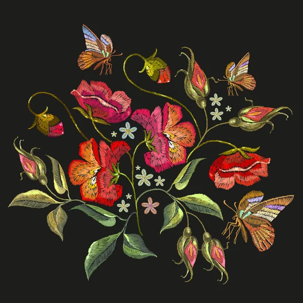 Stickerei Schmetterling und Rosen. schöner Schmetterling und Rosen — Stockvektor