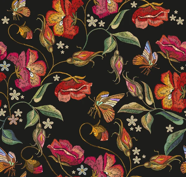 Embroidery butterfly and poppies seamless pattern