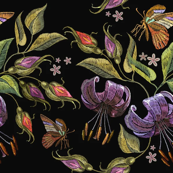 Embroidery tiger lillies and butterfly seamless pattern