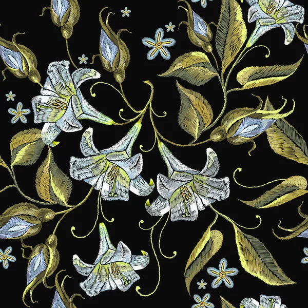 Embroidery white lillies seamless pattern