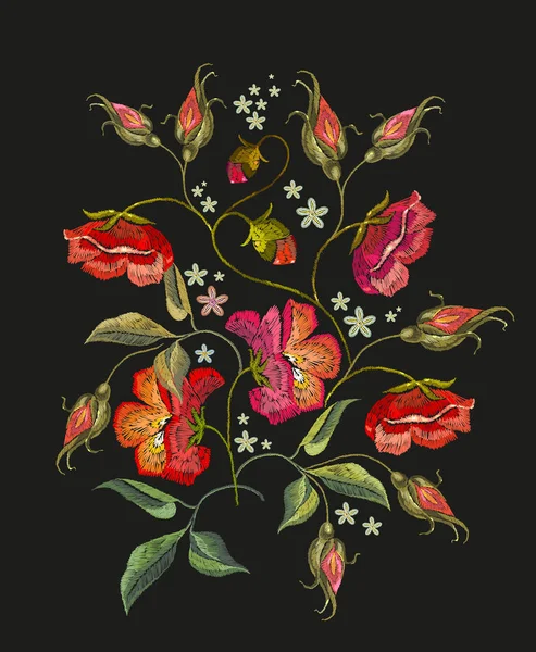 Borduurwerk rozen bloemen t-shirt design. Prachtige rode rozen — Stockvector