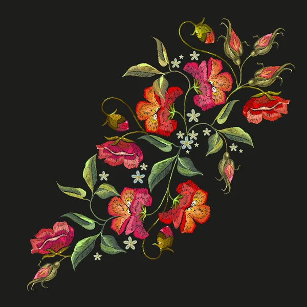Borduurwerk rozen bloemen t-shirt design. Prachtige rode rozen — Stockvector