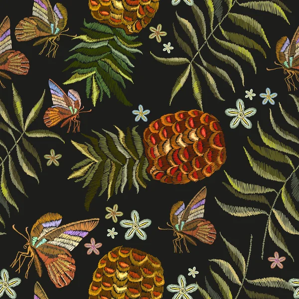 Bordado de hojas de palma tropical piña y mariposa tropical — Archivo Imágenes Vectoriales