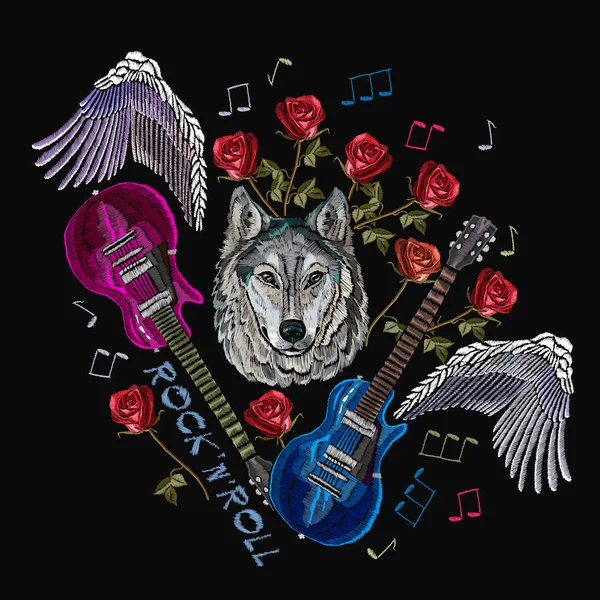 Rock n Roll embroidery, rock music print. Wolf, guitar, wings — Stock Vector