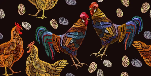 Ayam bordir dan ayam jago pola mulus Templat mode - Stok Vektor
