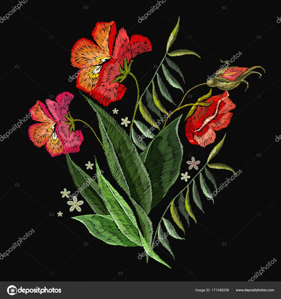 Pro to ricamo rose vestiti Disegno di ricamo rose fiori maglietta Ricamo classico di belle rose rosse su fondo nero Modello per i vestiti tessuti