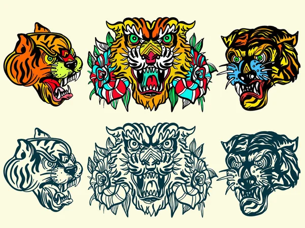 Tigers old school tattoo vector. Fashionable tigers heads — Stock Vector