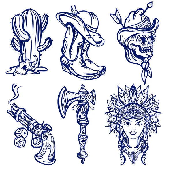 Wild west old school tattoo vector. Fashionable western set Stock Vector  Image by ©nostro #171346132