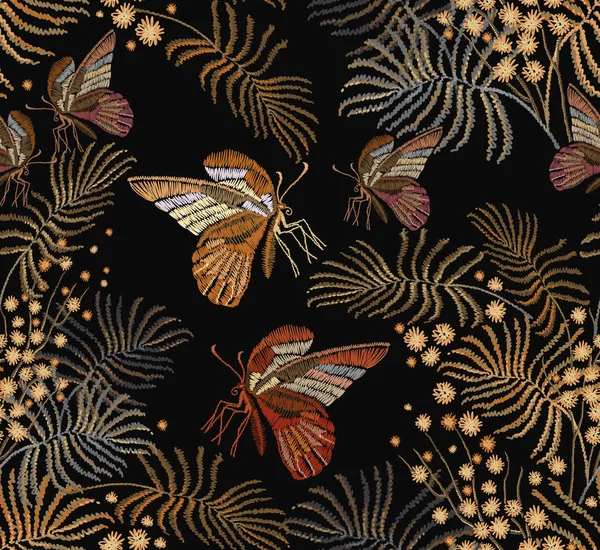 Bordado mimosa flores y mariposas patrón sin costuras — Vector de stock