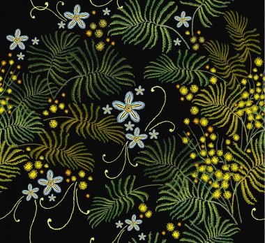 Nakış sarı Mimoza ve beyaz çiçekler seamless modeli