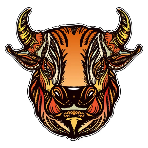 Tato warna kepala banteng dan desain kaos. Kuat banteng, simbol - Stok Vektor