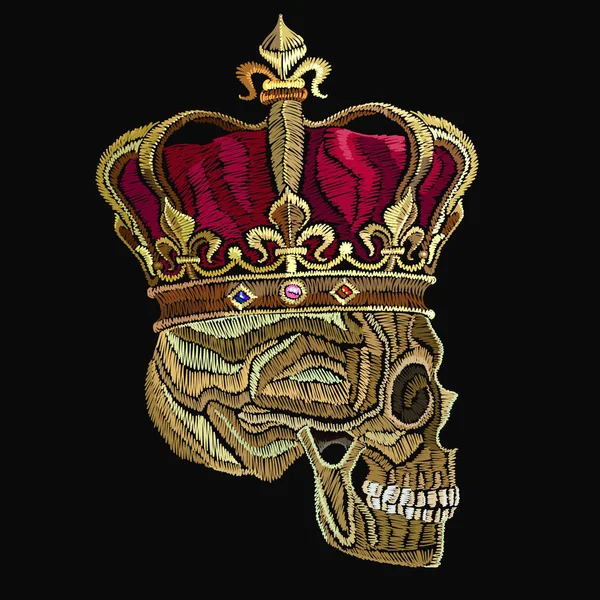 Borduurwerk schedel in gouden kroon. Dode koning met kroon op hoofd — Stockvector