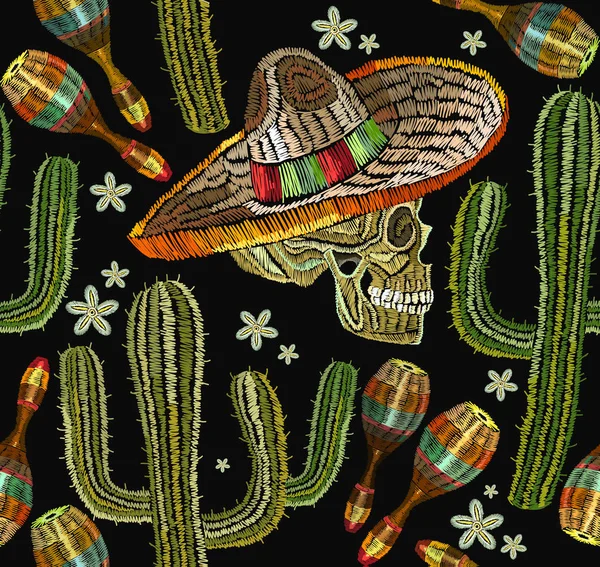 Bordado patrón de cultura mexicana sin costuras. Calavera humana — Vector de stock