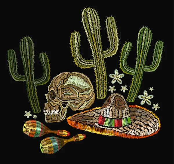 Embroidery mexican culture. Human skull, sombrero, maracases