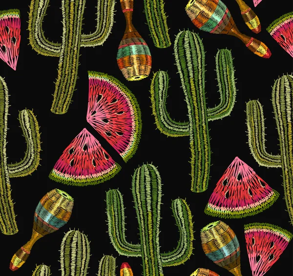 Kaktus a maracas bezešvé Výšivka. Mexické etnické — Stockový vektor