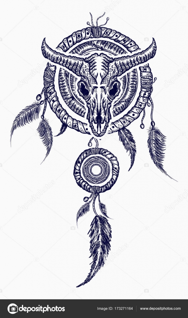 Bison skull and indian dream catcher tattoo. Tribal art Stock Vector Image  by ©nostro #173271164