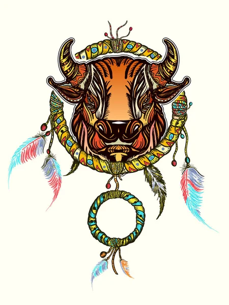 Indiase dream catcher met etnische ornamenten en etnische stier hoofd — Stockvector