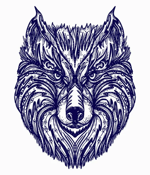 Wolf tattoo. Indiaanse stijl t-shirt design. Hoofd van de Wolf — Stockvector