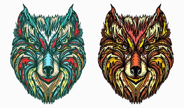 Tatouage de tête de loup ornemental et conception de t-shirt. Amérindien — Image vectorielle